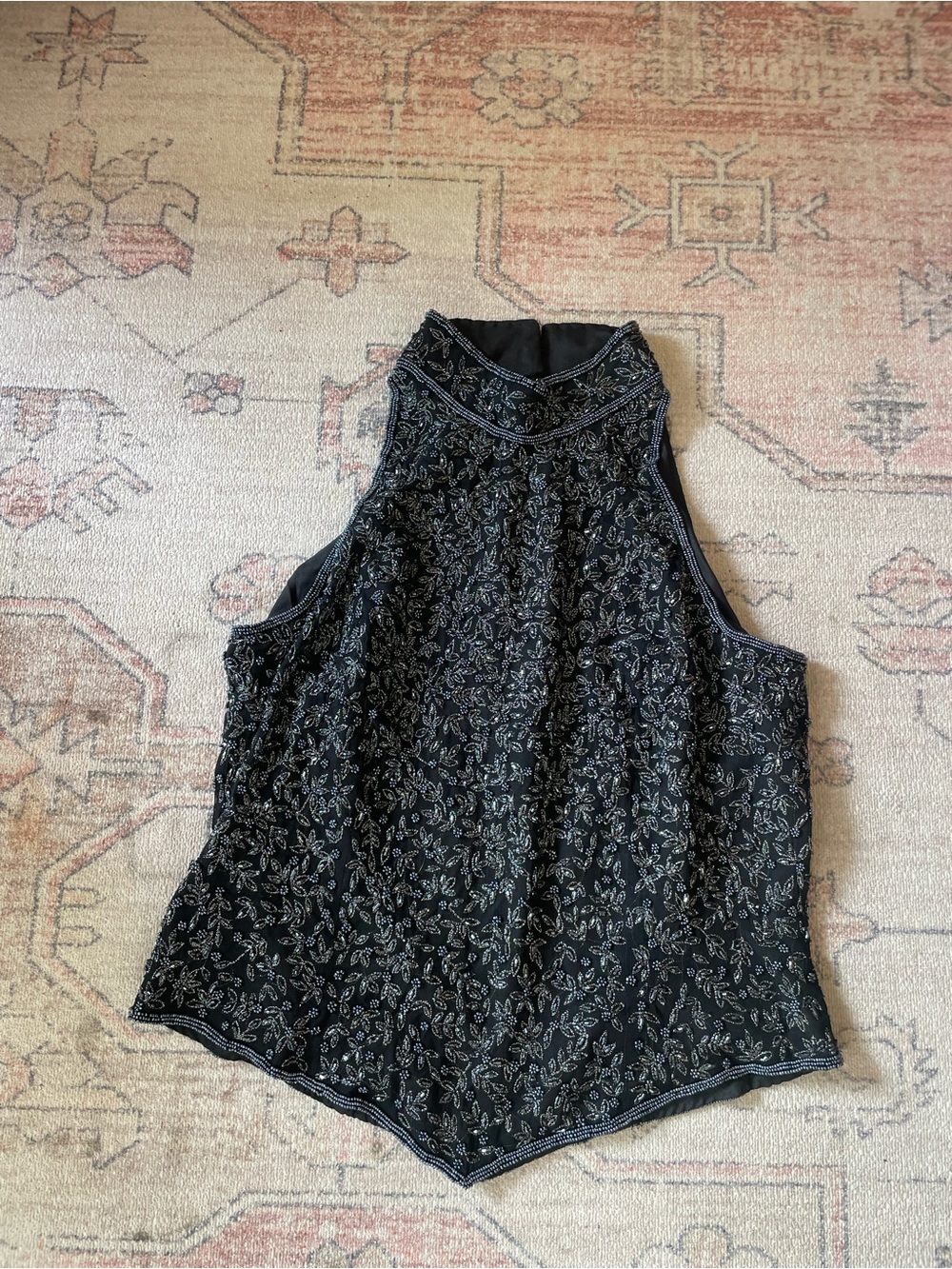 Papell Boutique Silk Sequin Beaded Formal Floral Halter Top Jeweled Womens L
